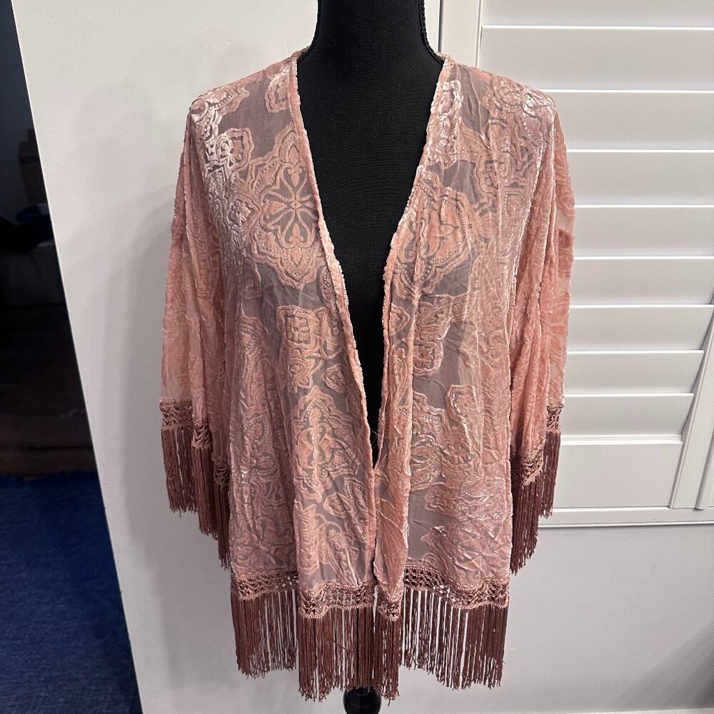 Pink Velvet Floral Kimono w/ Fringe